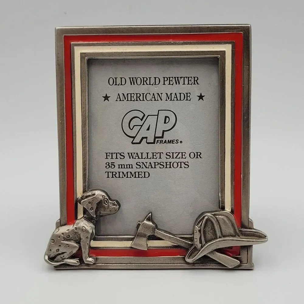 1988 Old World Pewter Firefighter Photo Frame Dalmation Axe Hat Wallet Size USA
